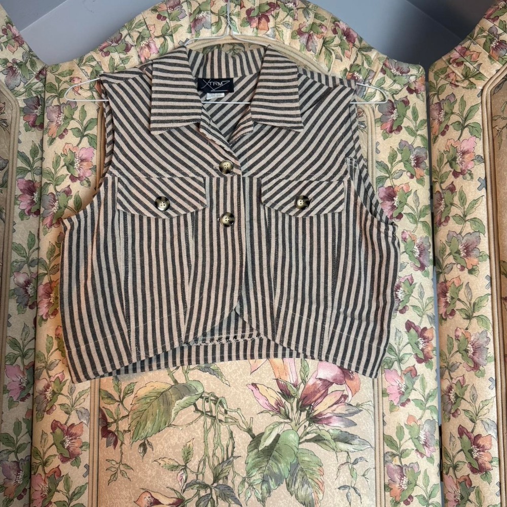 Xtrmz Vintage 90s Striped Crop Vest Brown Tan Button Up Sleeveless Jacket